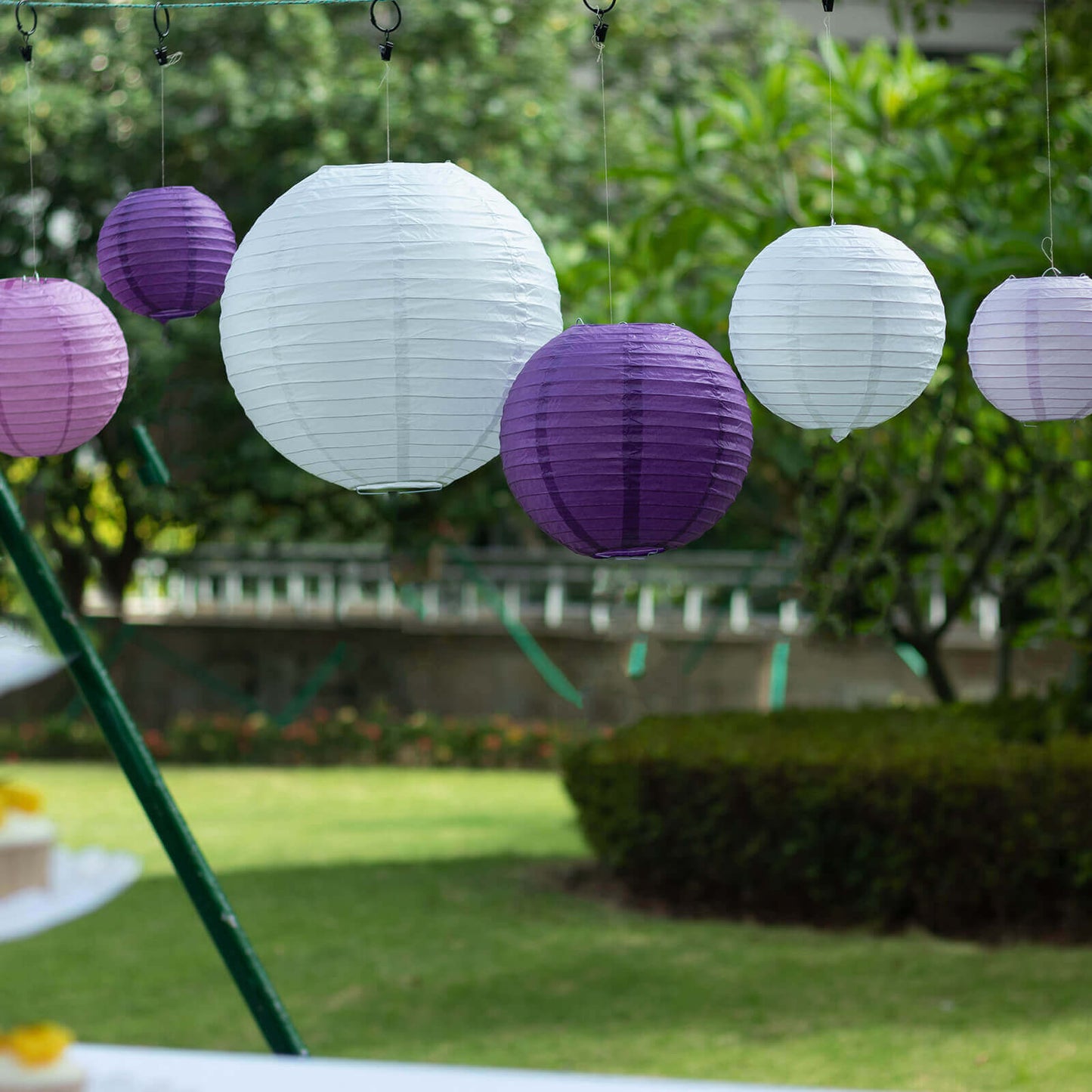 Set of 8 Mixed Purple White Hanging Paper Lanterns, Decorative Round Chinese Sky Lanterns, Assorted Sizes - 6",8",10",14"