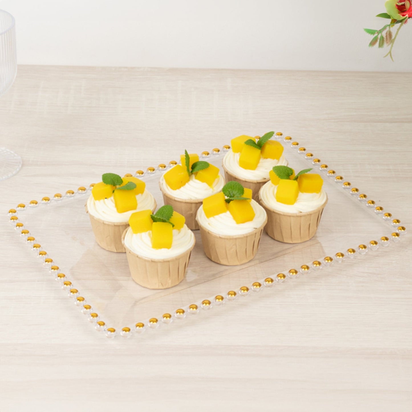 6-Pack Rectangular Acrylic Serving Trays Clear with Gold Beaded Rim - Food and Dessert Platters 9"x13"