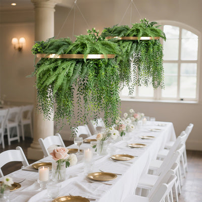 Large Faux Greenery Hoop Chandelier â€“ 24’’ Gold Ring with 42’’ Draping Fern for Boho or Garden-Themed Events - Vines