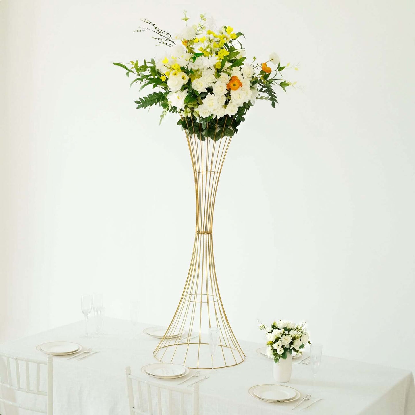48" Tall Gold Metal Wire Hourglass Flower Frame Stand, Open Frame Reversible Trumpet Centerpiece Stand