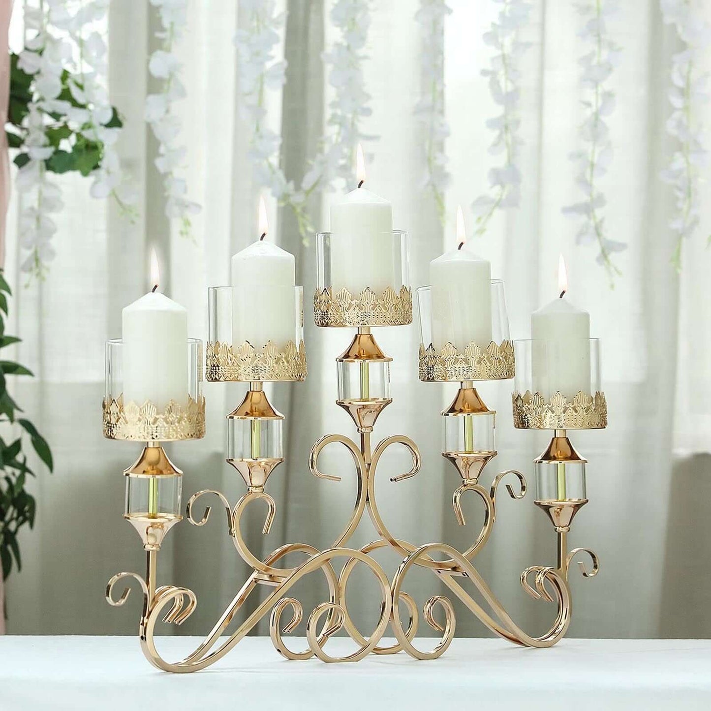 5-Arm Metal Table Candelabra Antique Gold Crown Top Design - Stylish Horizontal Table Centerpiece with Glass Votive Holders 18"