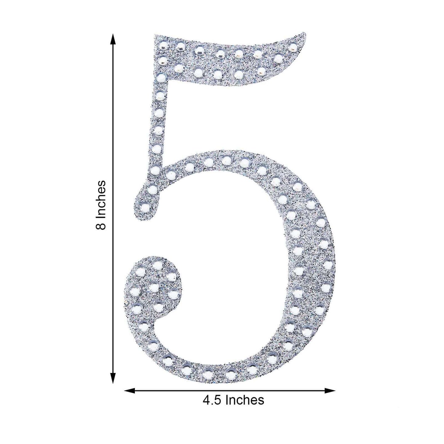 Decorative Rhinestone Number "5" Stickers, Glitter Adhesive Craft Numbers Silver DIY Sparkle Embellishments 8"