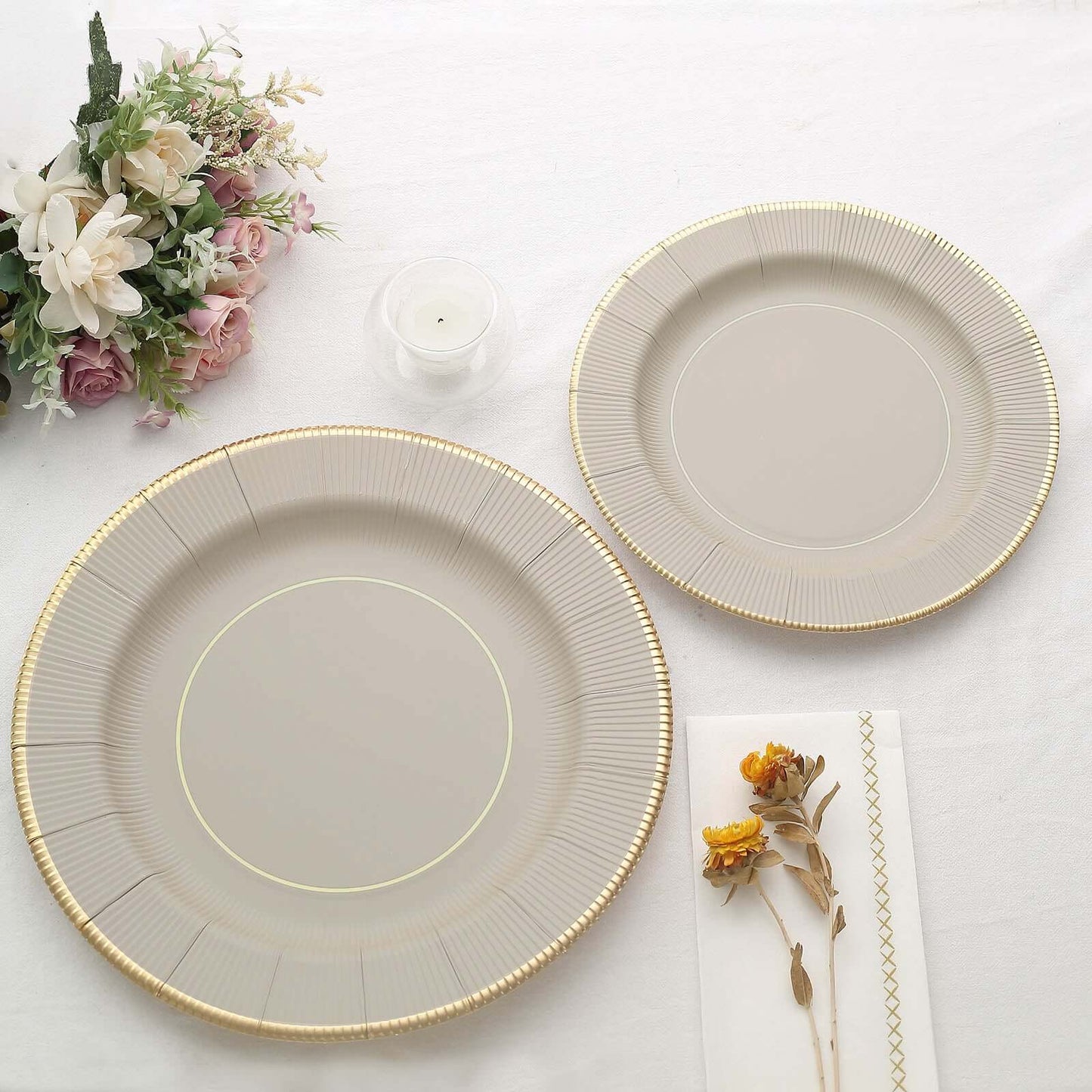 25-Pack Paper 10" Round Dinner Plates in Taupe Sunray Design with Gold Rim - Disposable Heavy Duty 350GSM Party Plates