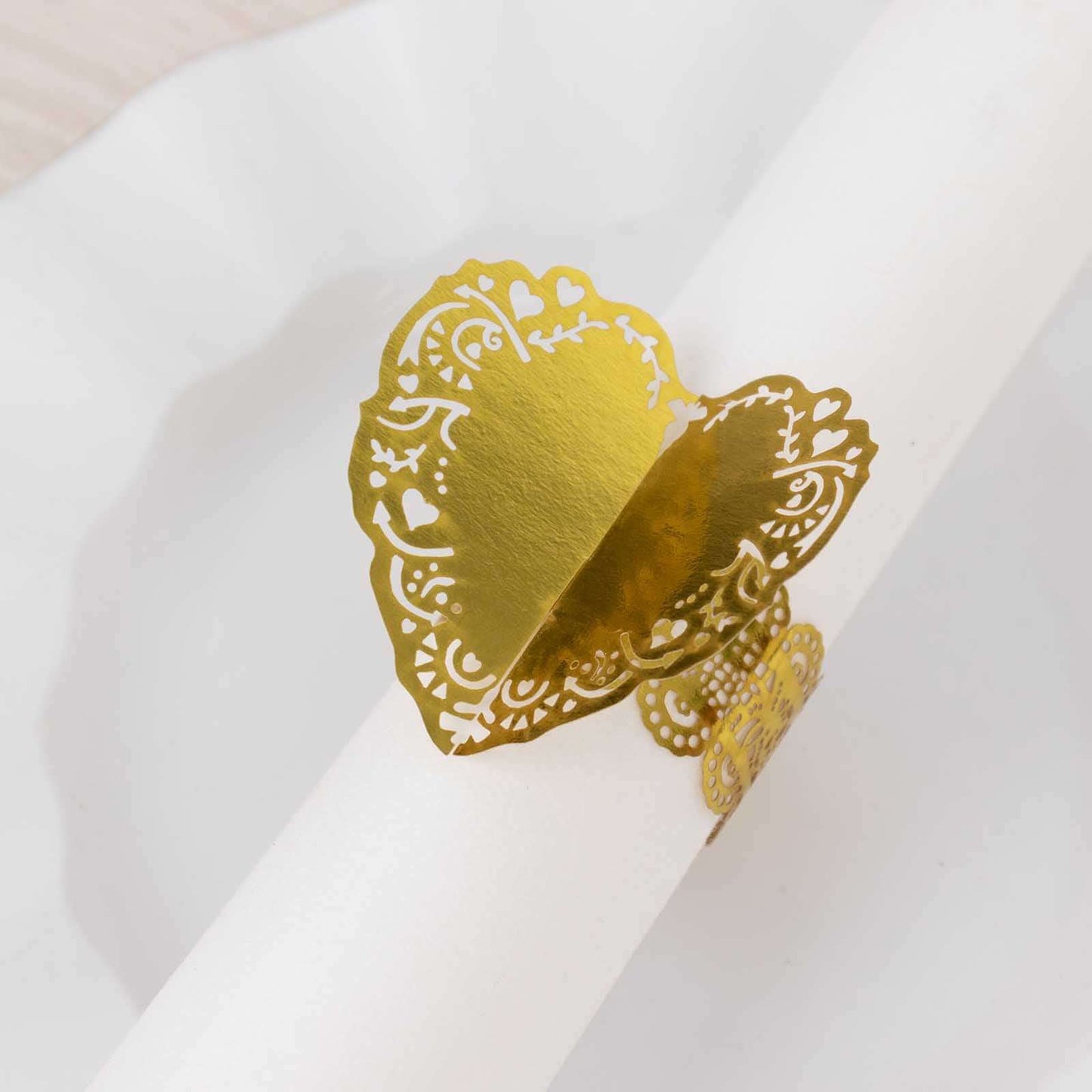 12 Pack Metallic Gold Foil Laser Cut Heart Paper Napkin Holders with Lace Pattern, Disposable Napkin Rings Bands