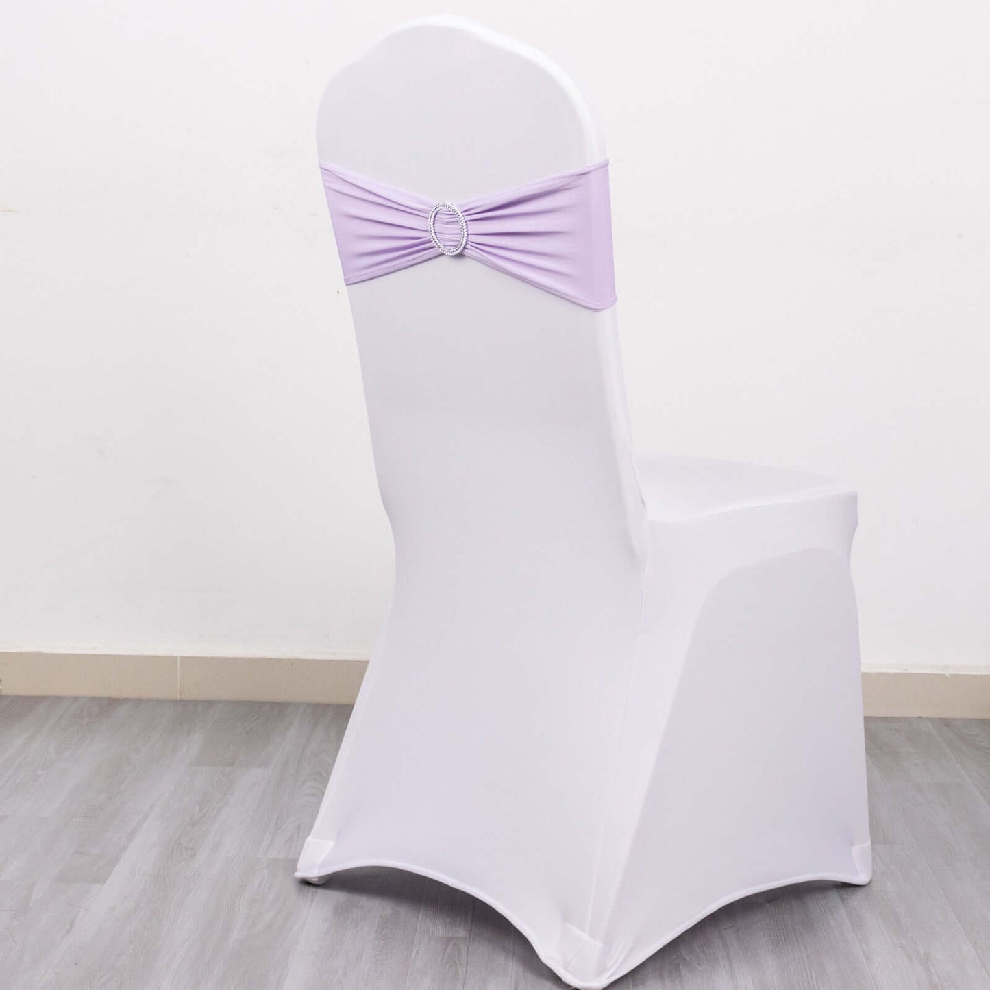 5 Pack Stretch Spandex Chair Sashes Lavender Lilac - Reusable Chair Bands with Silver Diamond Ring Slide Buckle 5"x14"