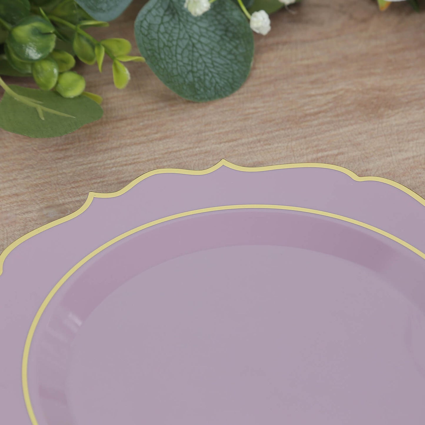 10-Pack Plastic 8" Round Dessert Plates in Lavender Lilac with Gold Scalloped Rim - Disposable Appetizer/Salad Plates