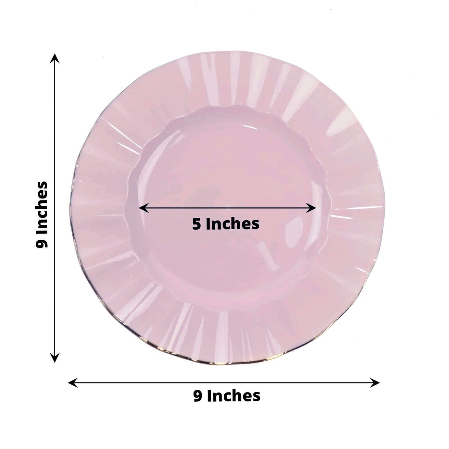 10-Pack Plastic 9" Round Dinner Plates in Lavender Lilac Ruffled Rim with Gold Edging - Sturdy Disposable Dinnerware