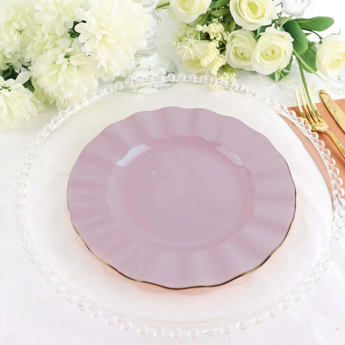 10-Pack Plastic 9" Round Dinner Plates in Lavender Lilac Ruffled Rim with Gold Edging - Sturdy Disposable Dinnerware