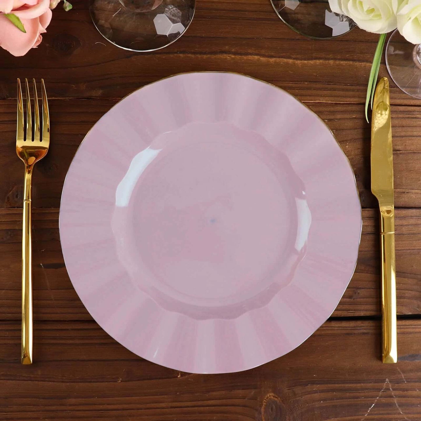 10-Pack Plastic 9" Round Dinner Plates in Lavender Lilac Ruffled Rim with Gold Edging - Sturdy Disposable Dinnerware