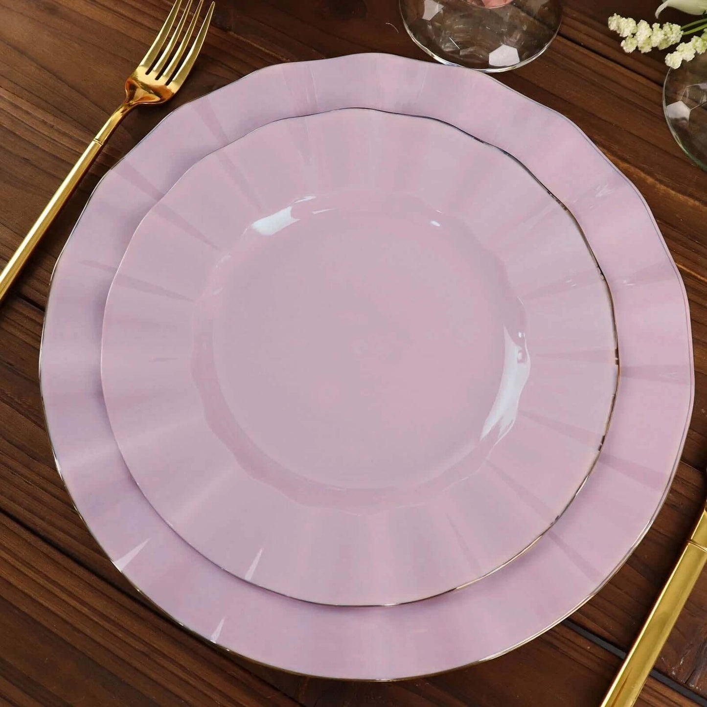 10-Pack Plastic 9" Round Dinner Plates in Lavender Lilac Ruffled Rim with Gold Edging - Sturdy Disposable Dinnerware