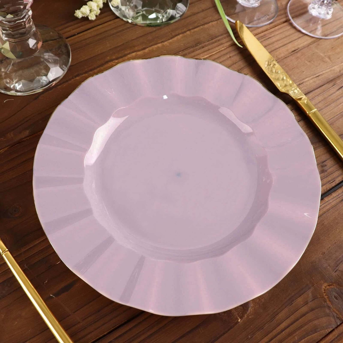 10-Pack Plastic 9" Round Dinner Plates in Lavender Lilac Ruffled Rim with Gold Edging - Sturdy Disposable Dinnerware