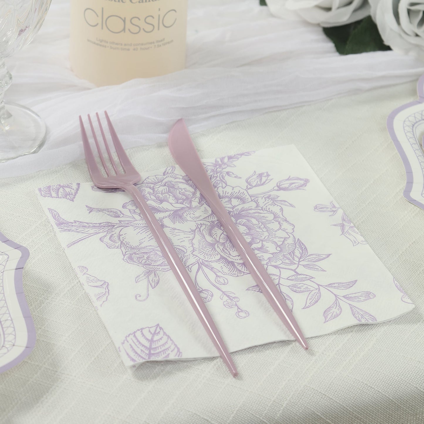 50 Pack 2-Ply Paper Beverage Napkins in Matte Lavender and White French Toile Floral Pattern, Highly Absorbent Soft Disposable Cocktail Napkins