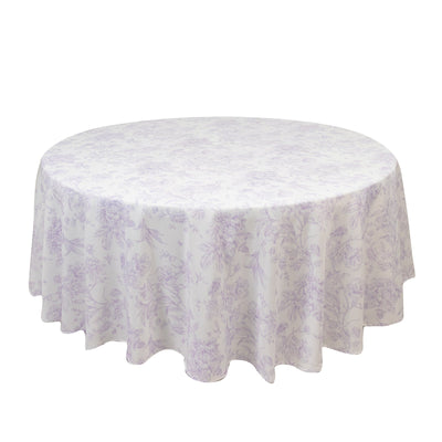 Polyester 108" Round Tablecloth White - Lavender Lilac French Toile Pattern for Chic Weddings