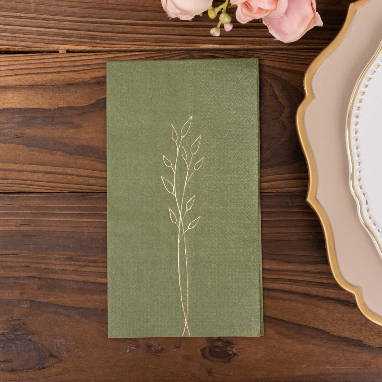 50-Pack Paper Dinner Napkins Dusty Sage Green with Gold Embossed Leaf - Stylish 2-Ply Disposable Napkins for Weddings 18GSM