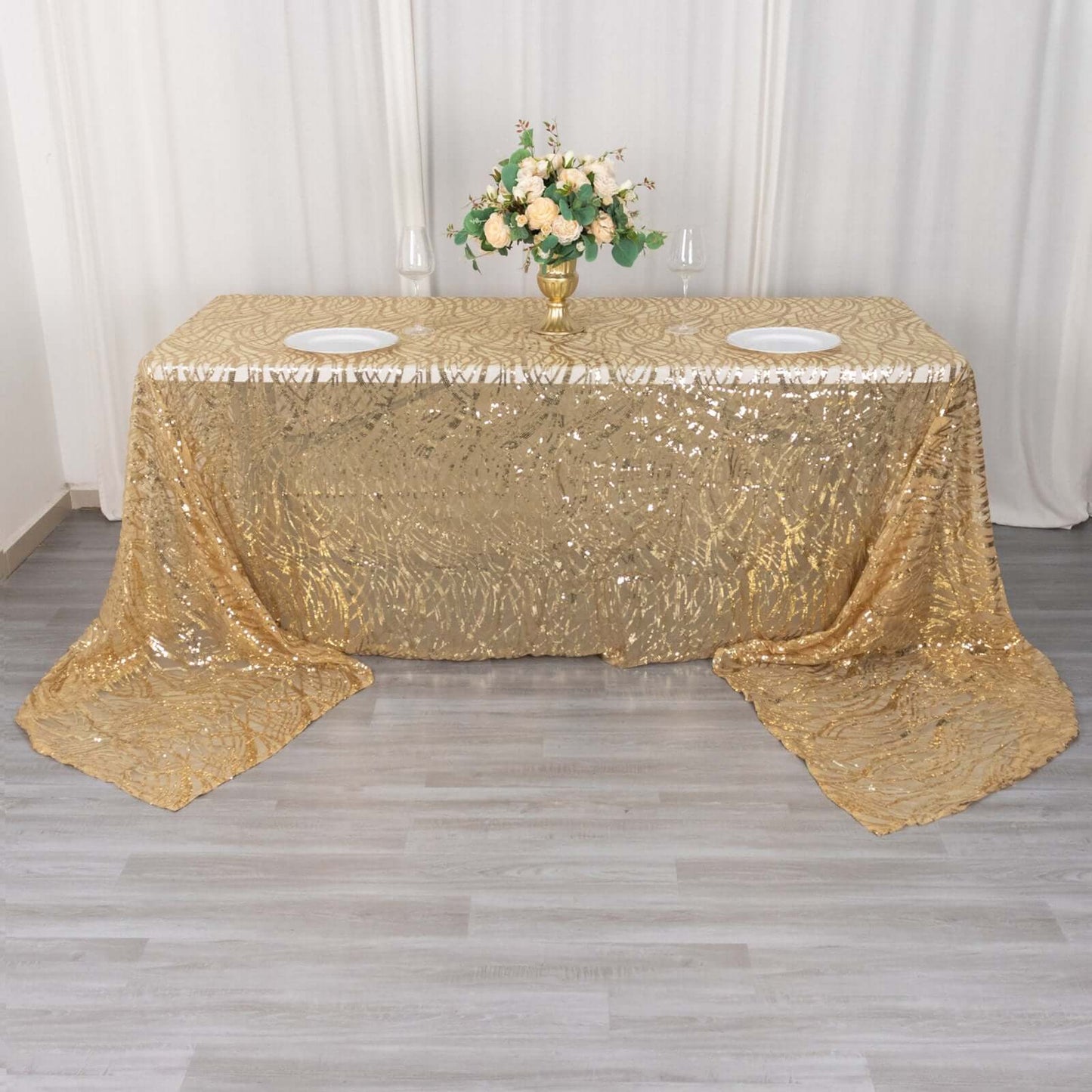 Mesh 90"x156" Rectangle Tablecloth Gold - Wave Sequin Embroidered Design for Refined Occasions