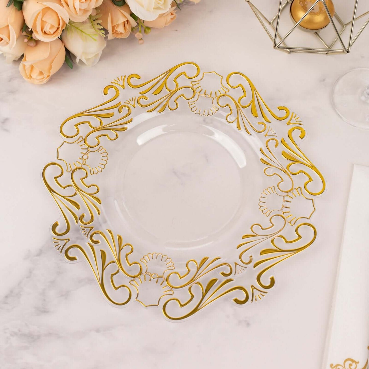 10-Pack Plastic 8" Round Dessert Plates in Clear with Gold Vintage Baroque Scalloped Rim - European Style Disposable Salad Appetizer Plates