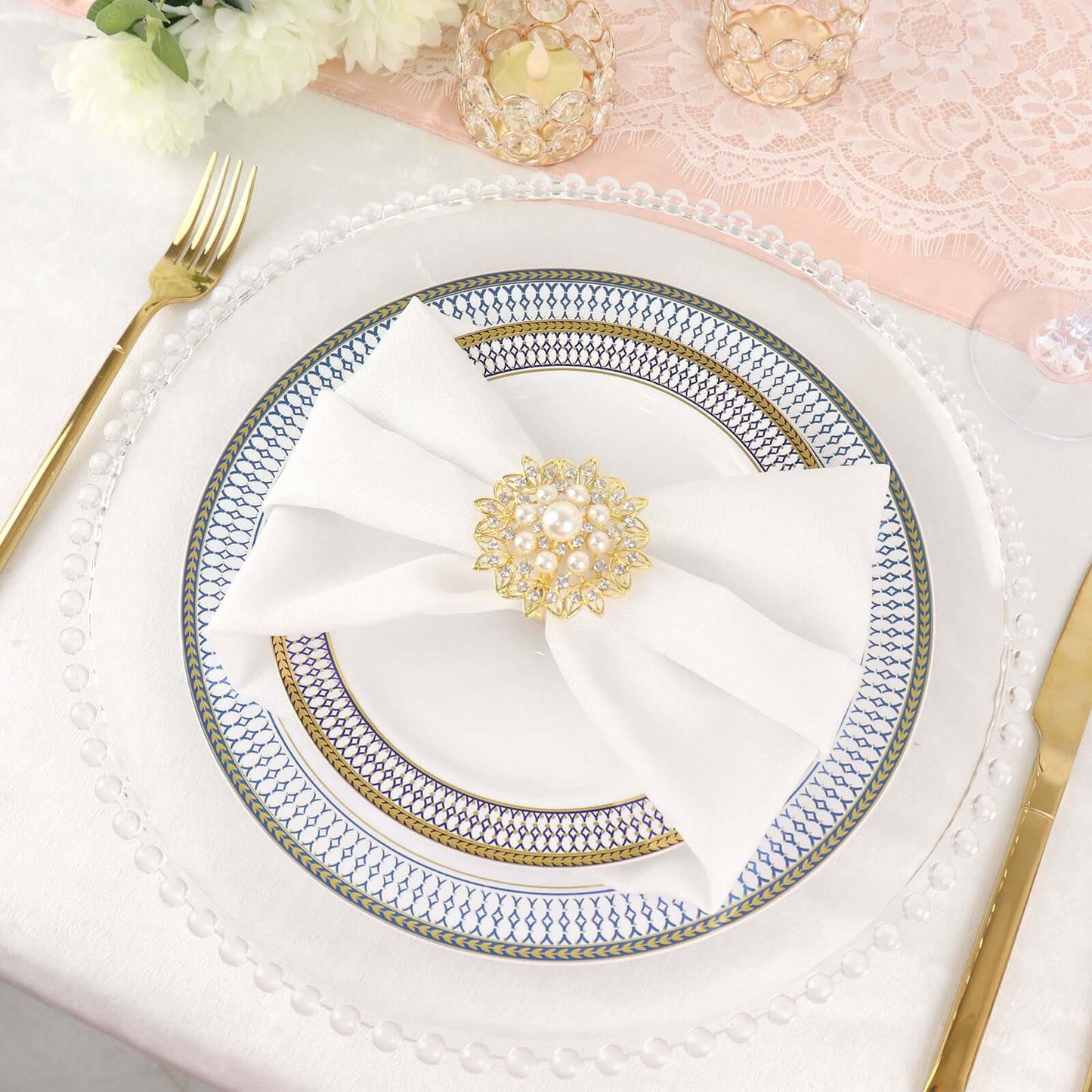 4 Pack Pearl And Diamond Rhinestone Flower Gold Metal Napkin Rings, Decorative Napkin Buckle Holders