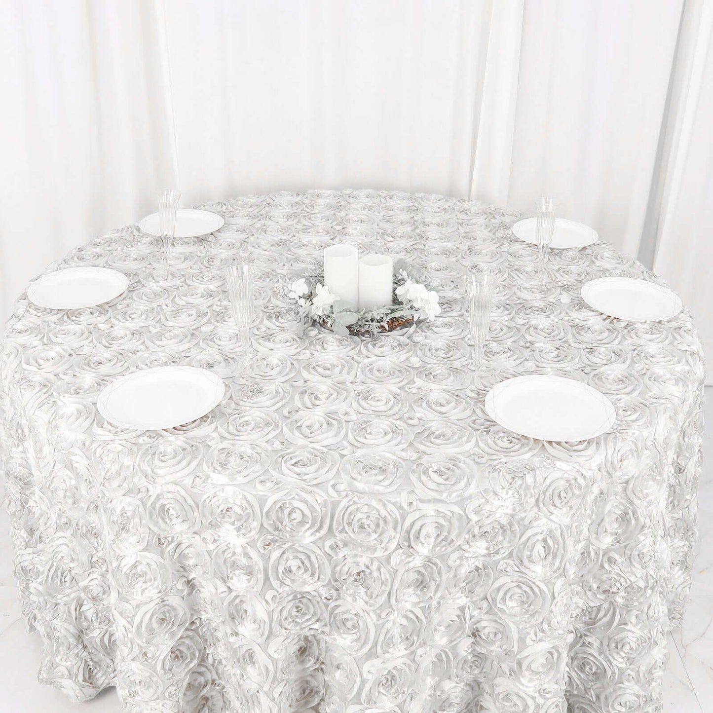 Satin 120" Round Tablecloth White - Grandiose 3D Rosette Design with Seamless Finish for Luxe Events