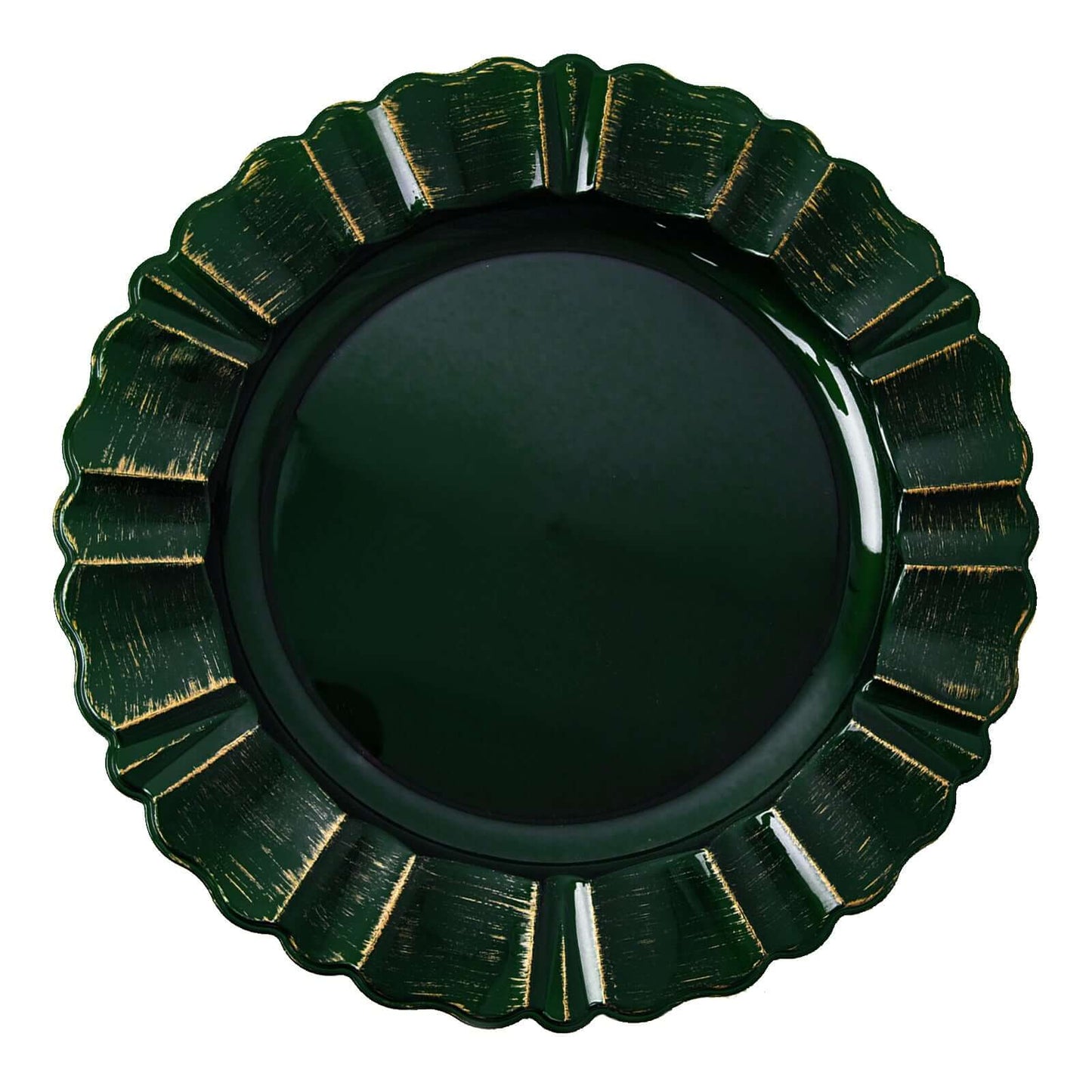 6-Pack Acrylic Plastic Round Charger Plates 13" in Hunter Emerald Green with Gold Brushed Wavy Scalloped Rim