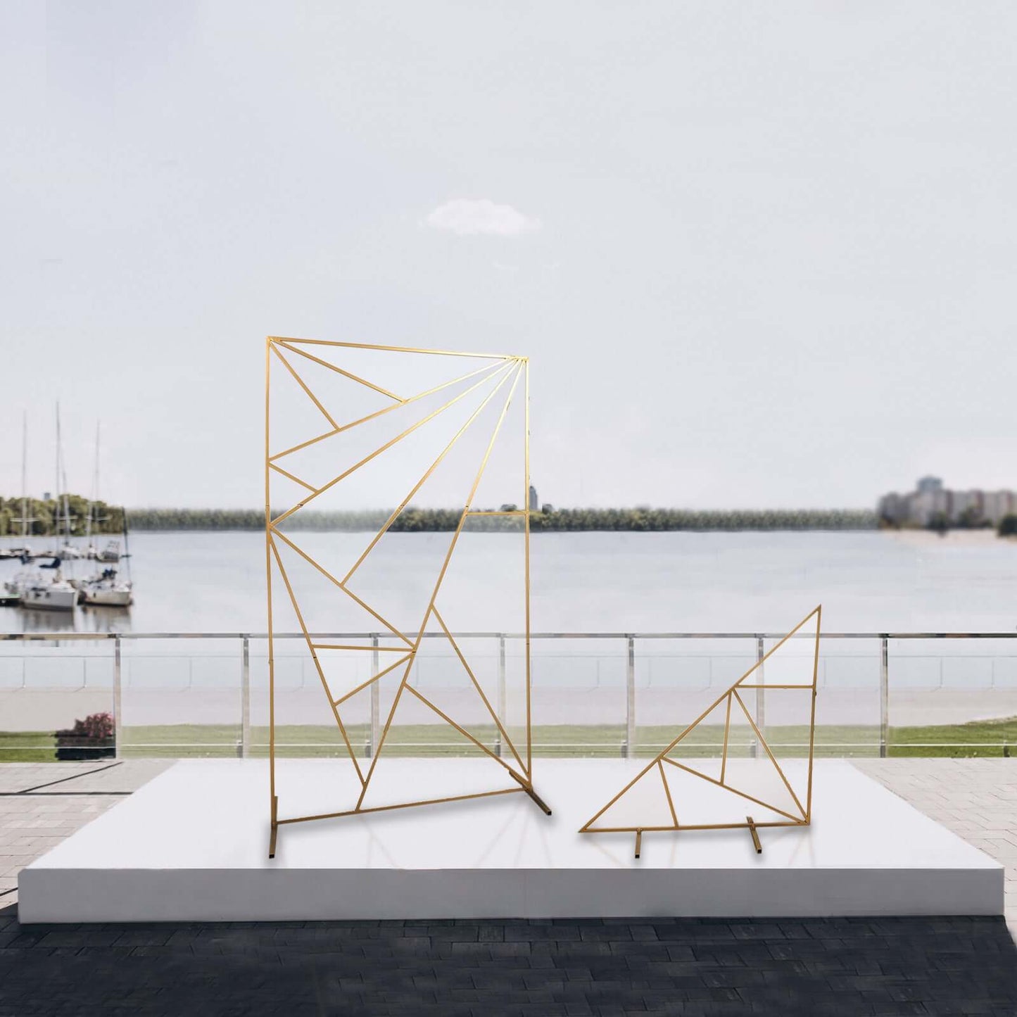 6ft Tall Gold Metal Rectangular Geometric Flower Frame Prop Stand, Wedding Backdrop Floor Stand With Cloudy Film Insert