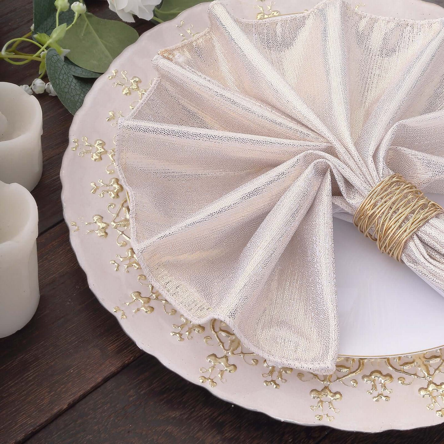 5 Pack Polyester 20"x20" Napkins Beige Shimmer Sequin Dots - Luminous Cloth Napkins