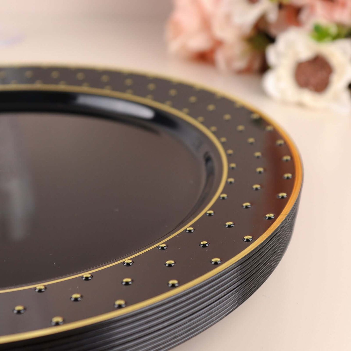 10-Pack Plastic 10" Round Dinner Plates in Black with Gold 3D Polka Dotted Rim - Sturdy Disposable Party Plates for Modern Themed Events & Banquets