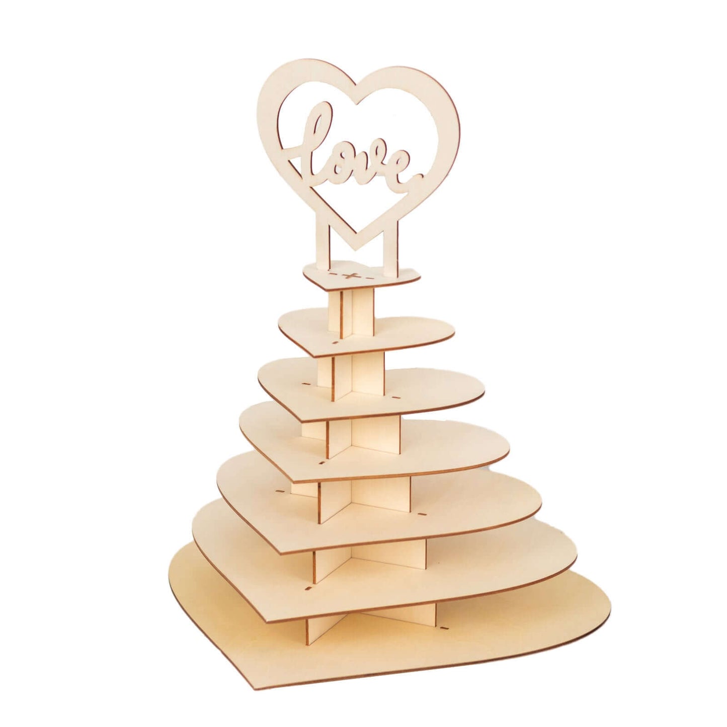7-Tier Wooden Chocolate Display Stand Heart Shape Natural with "Love" Topper - DIY Dessert Table Tower Rack 16"
