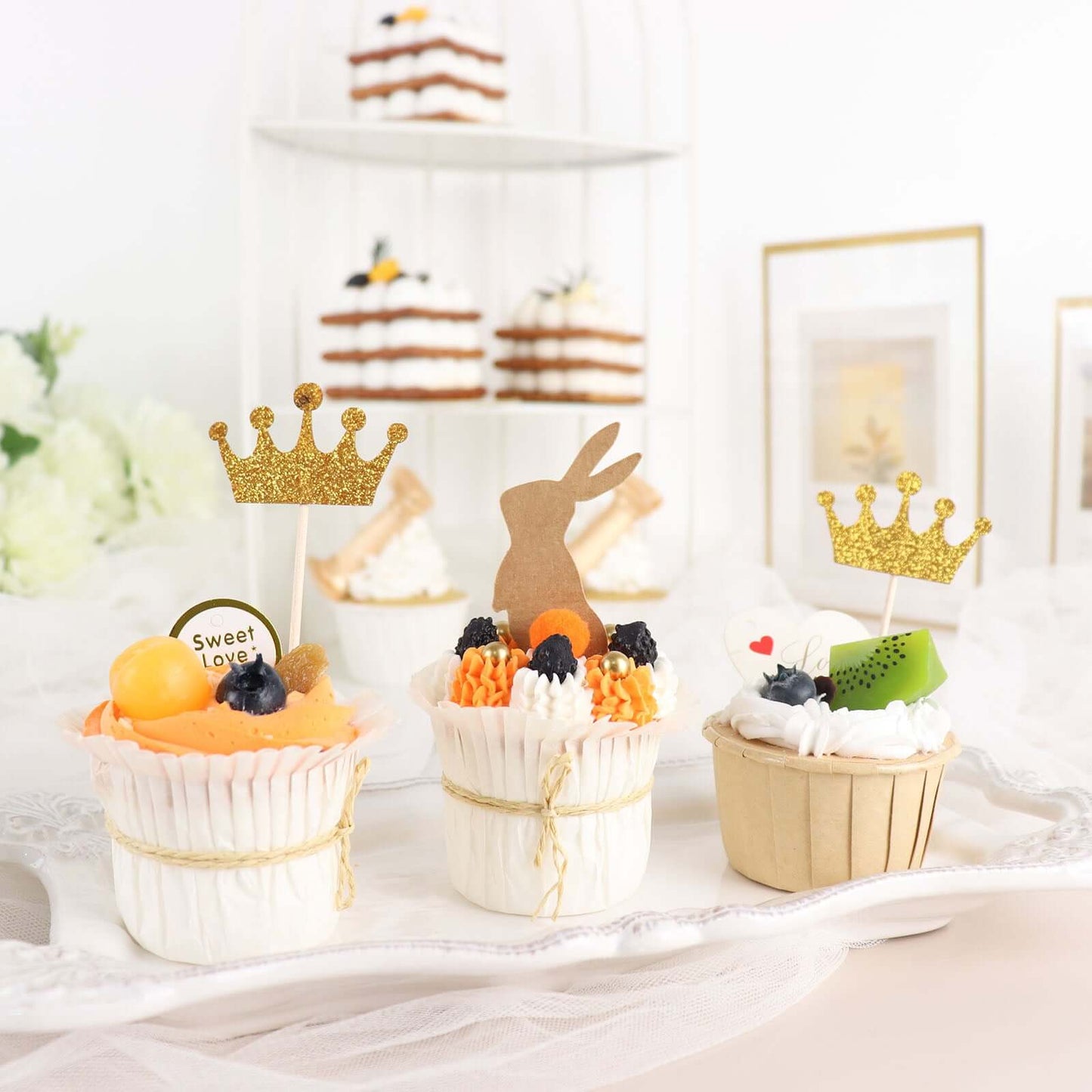 24-Pack Cupcake Topper Picks Royal Crown Design Glitter Gold - Party Cake Toppers 5"