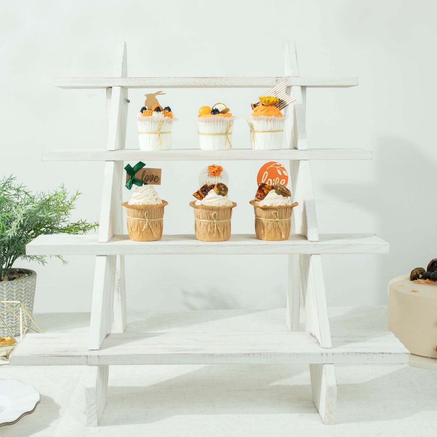 4-Tier Wooden Ladder Shelf Whitewashed Rustic Design - Cascading Stair Step Dessert Display Cupcake Holder 21"