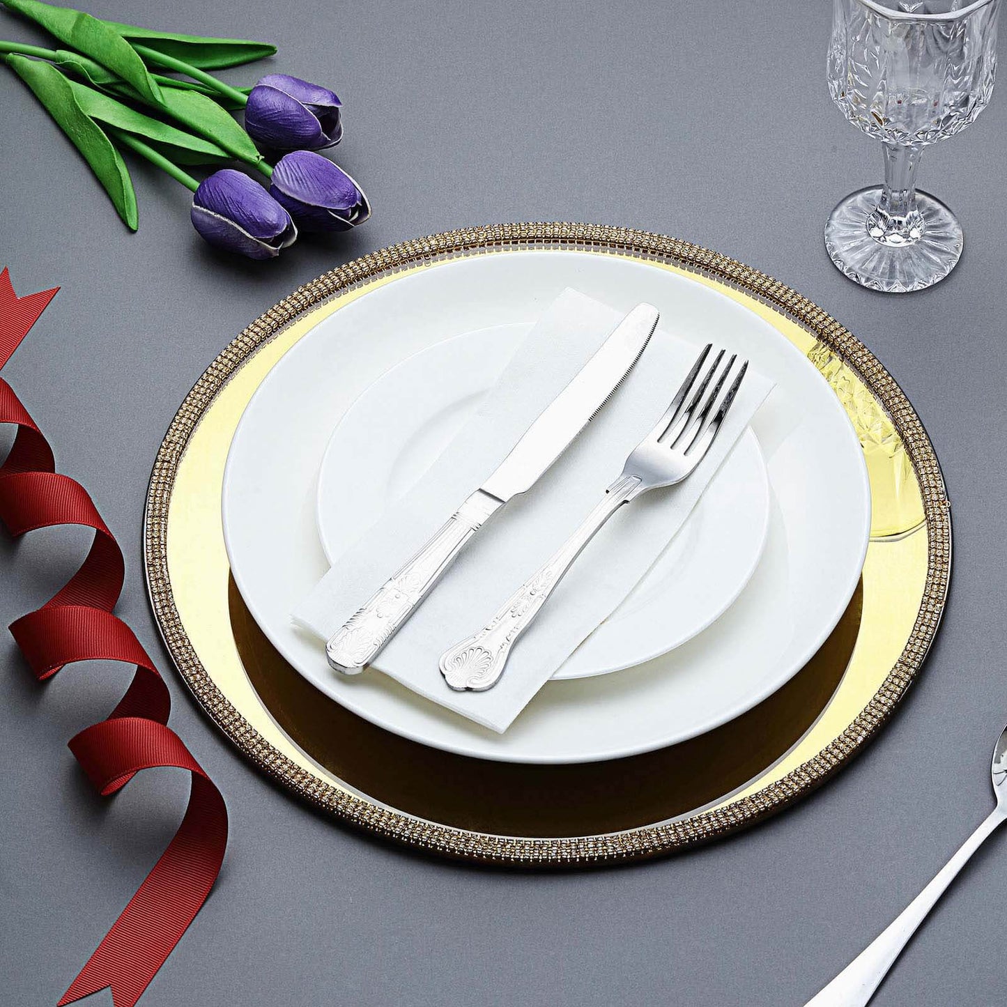 2-Pack Mirror Glass Round Charger Plates 13" with Metallic Gold Mirror Rhinestone Rim, Dazzling Decorative Chargers