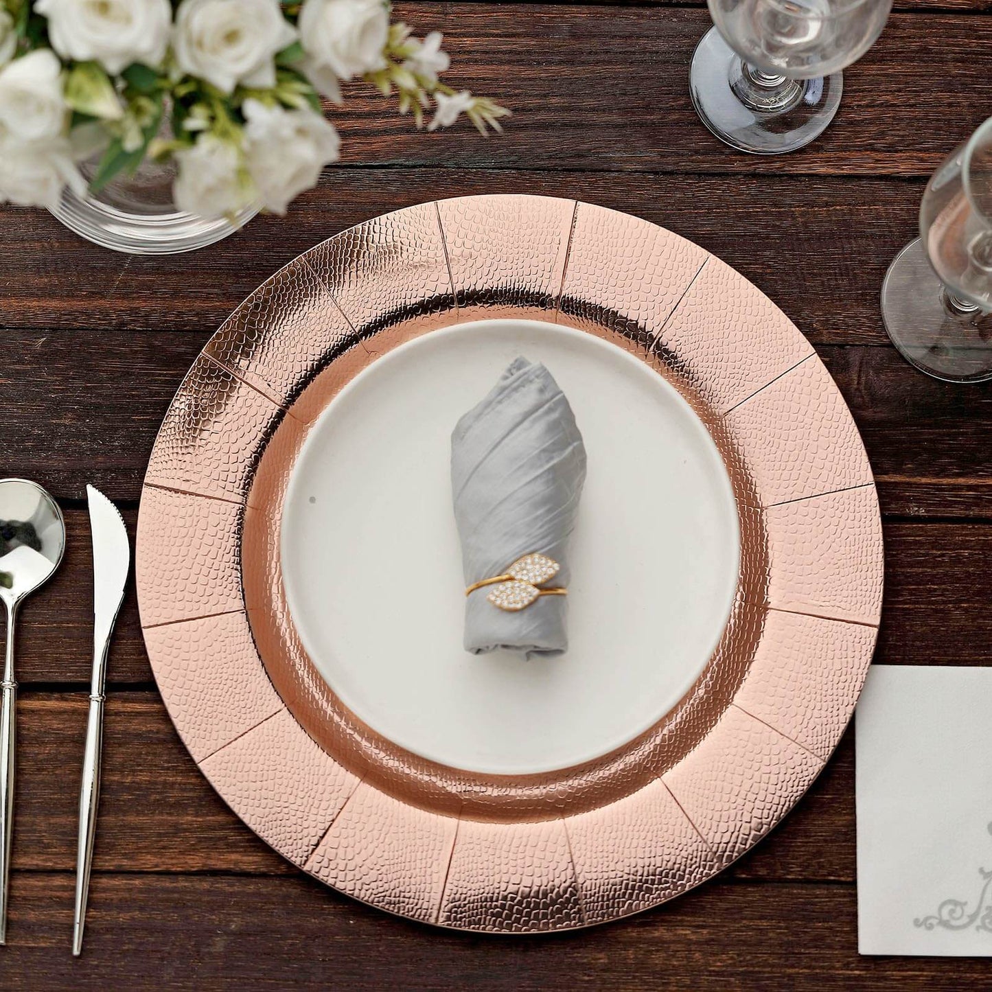 10-Pack Disposable Round Charger Plates in Rose Gold with Leathery Texture - Durable 1100GSM Cardboard Placemats 13"