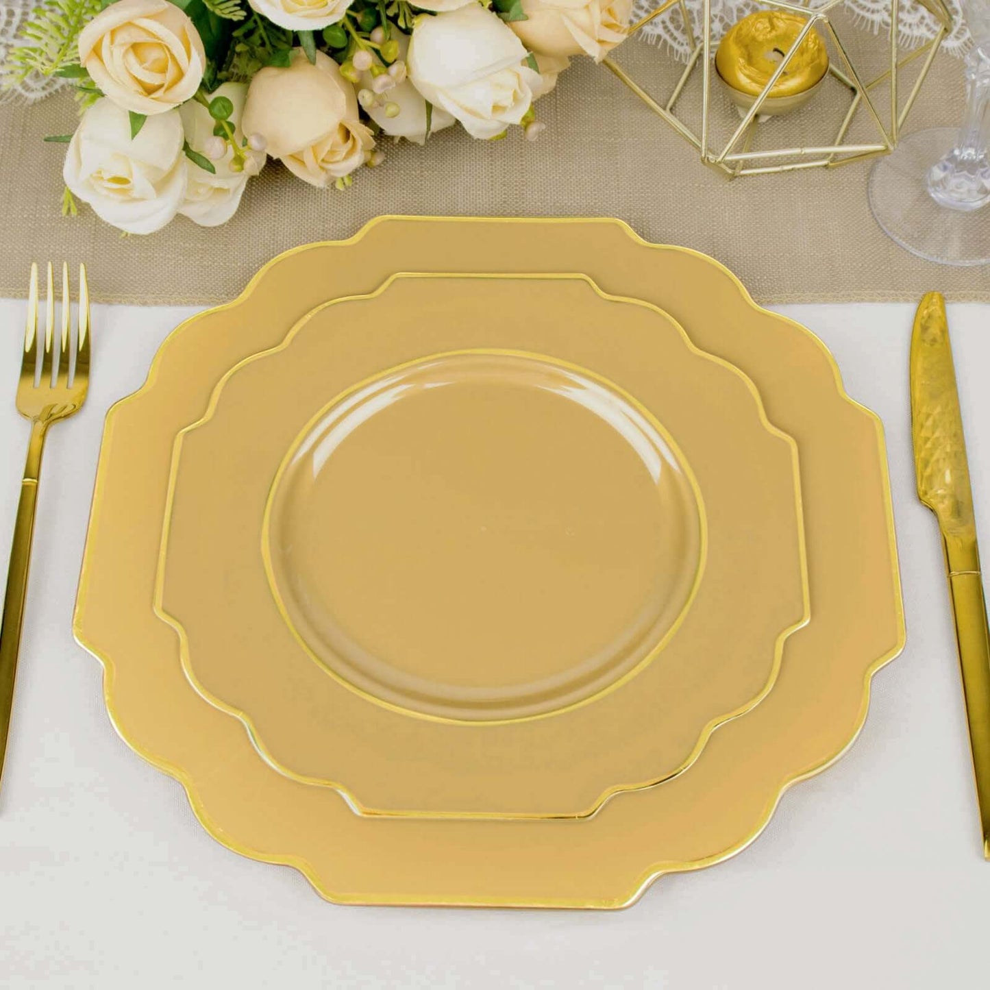10-Pack Plastic Dessert Appetizer Plates in Gold Baroque Design with Scalloped Gold Rim - Heavy Duty Disposable Salad Plates 8"