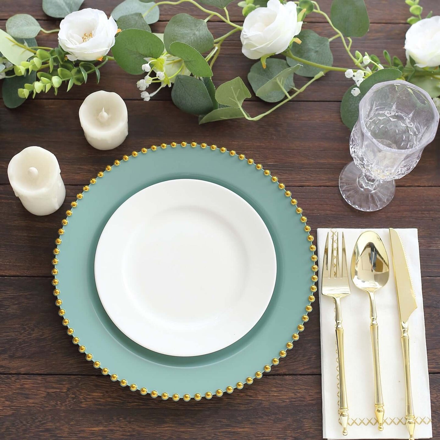 10-Pack Plastic 10" Round Dinner Plates in Dusty Sage Green with Gold Beaded Rim - Disposable Party Plates for Banquets & Festive Occasions
