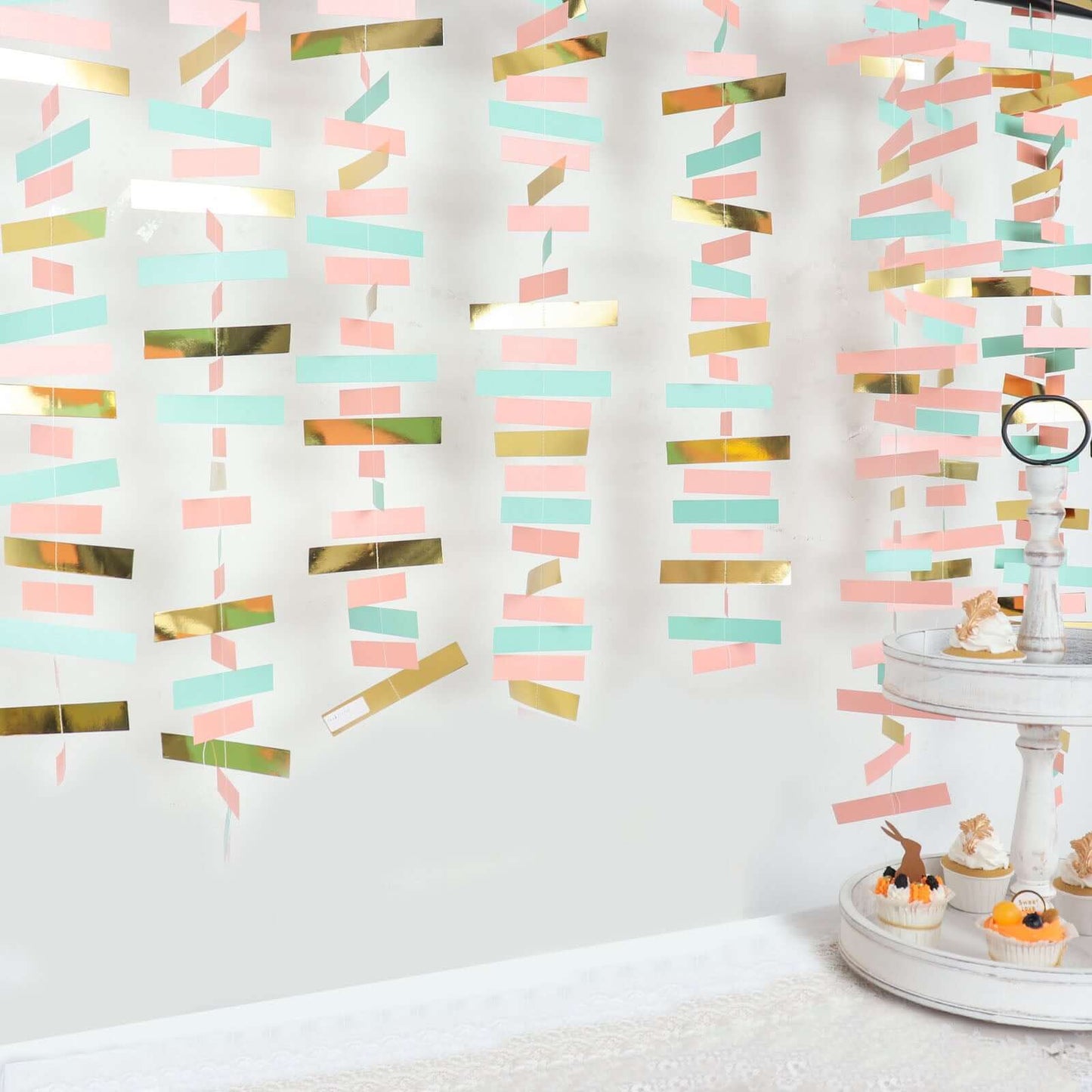 Gold, Blush and Turquoise Confetti-Like Paper Party Garland Streamer, Hanging Backdrop Decoration - 6.5ft