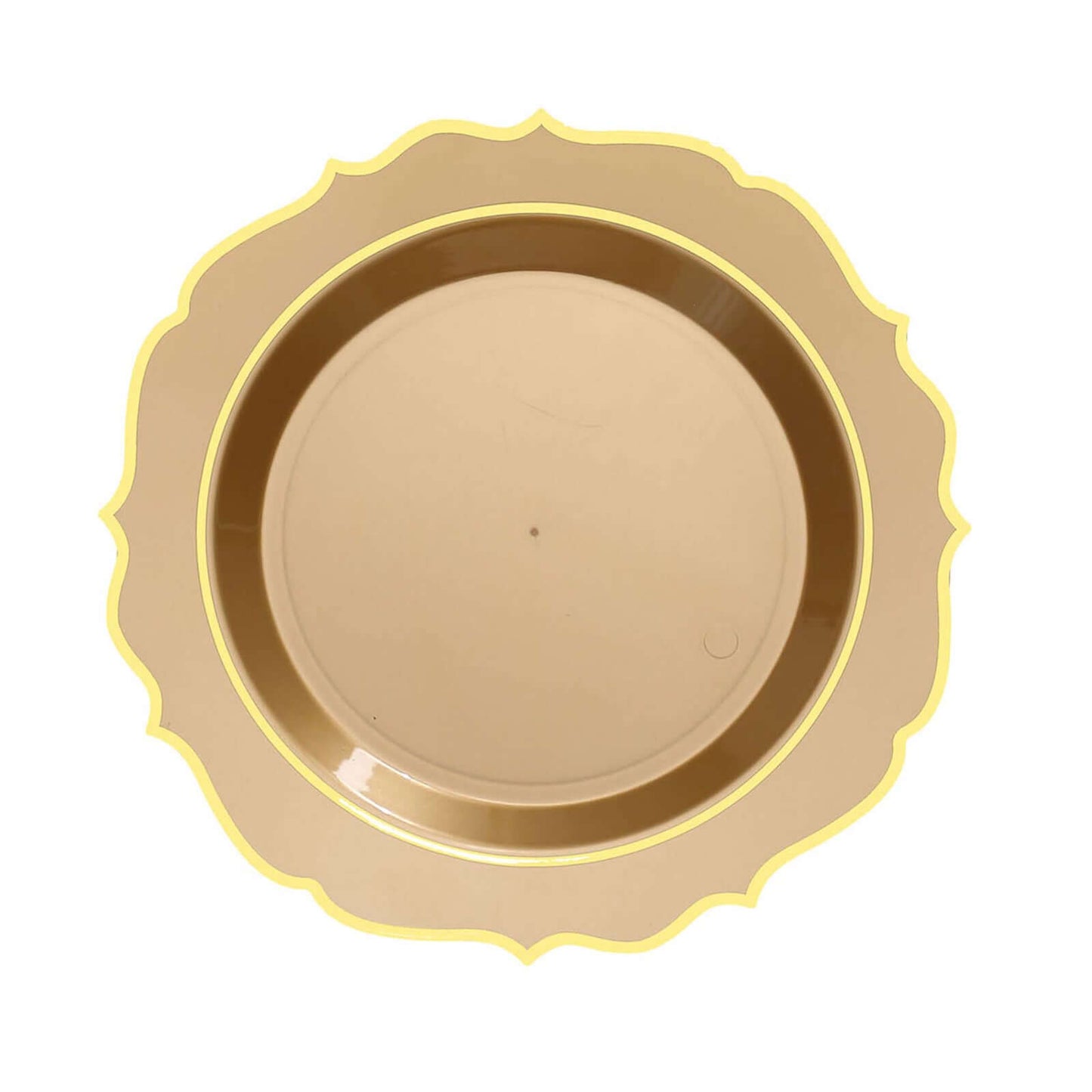 10-Pack Plastic 8" Round Dessert Plates in Gold with Gold Scalloped Rim - Disposable Appetizer/Salad Plates
