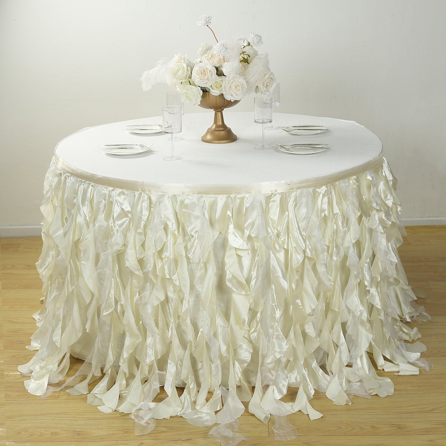Taffeta 17ft Table Skirt Ivory - Cascading Curly Willow Style Table Cover