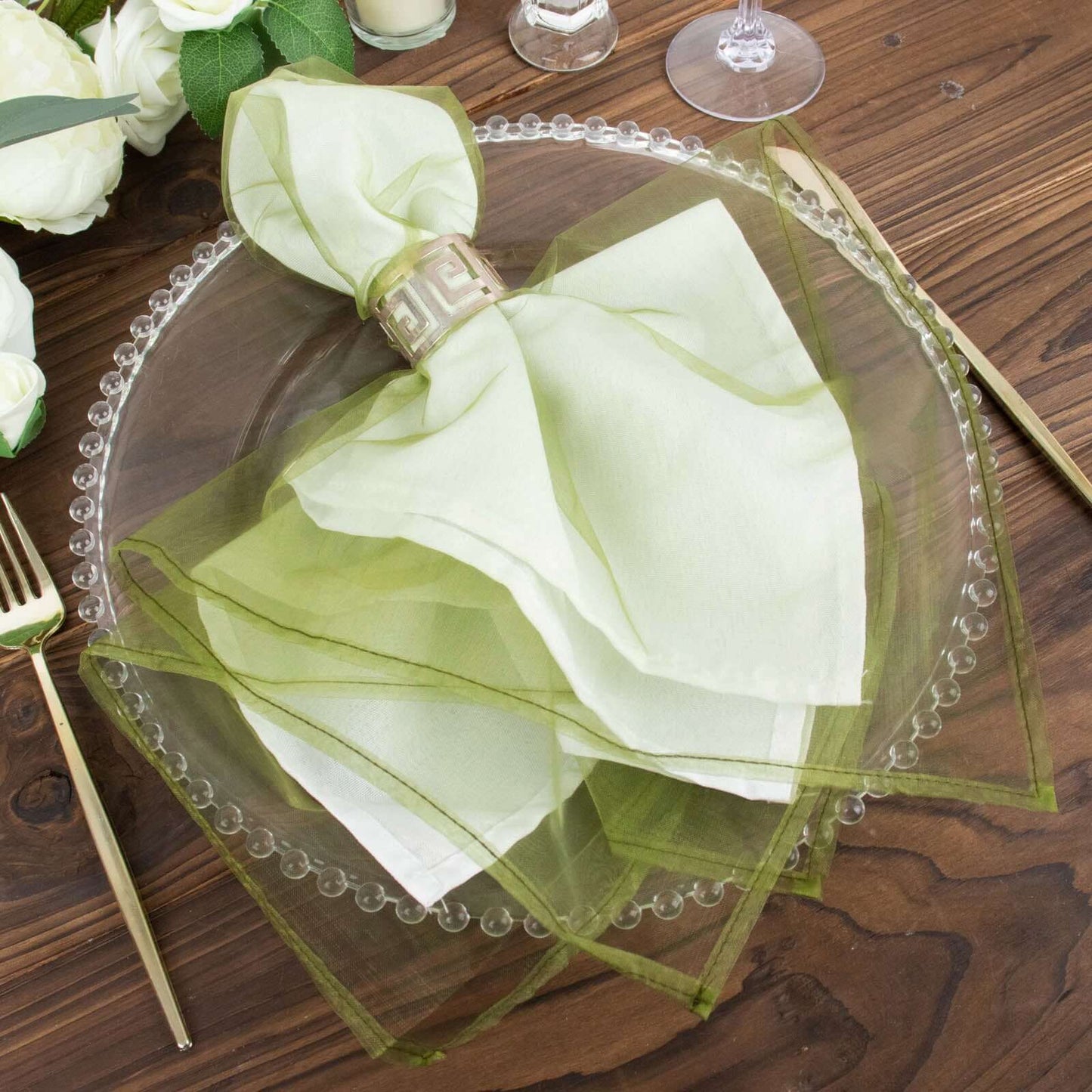 10 Pack Organza 23"x23" Napkins Olive Green - Sheer Cloth Napkins