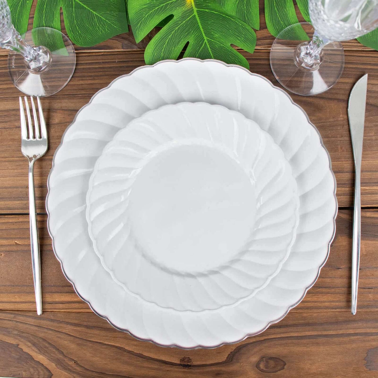 12-Pack Plastic Dessert Plates White Flair Rim - Sturdy Disposable Salad Plates 7.5"