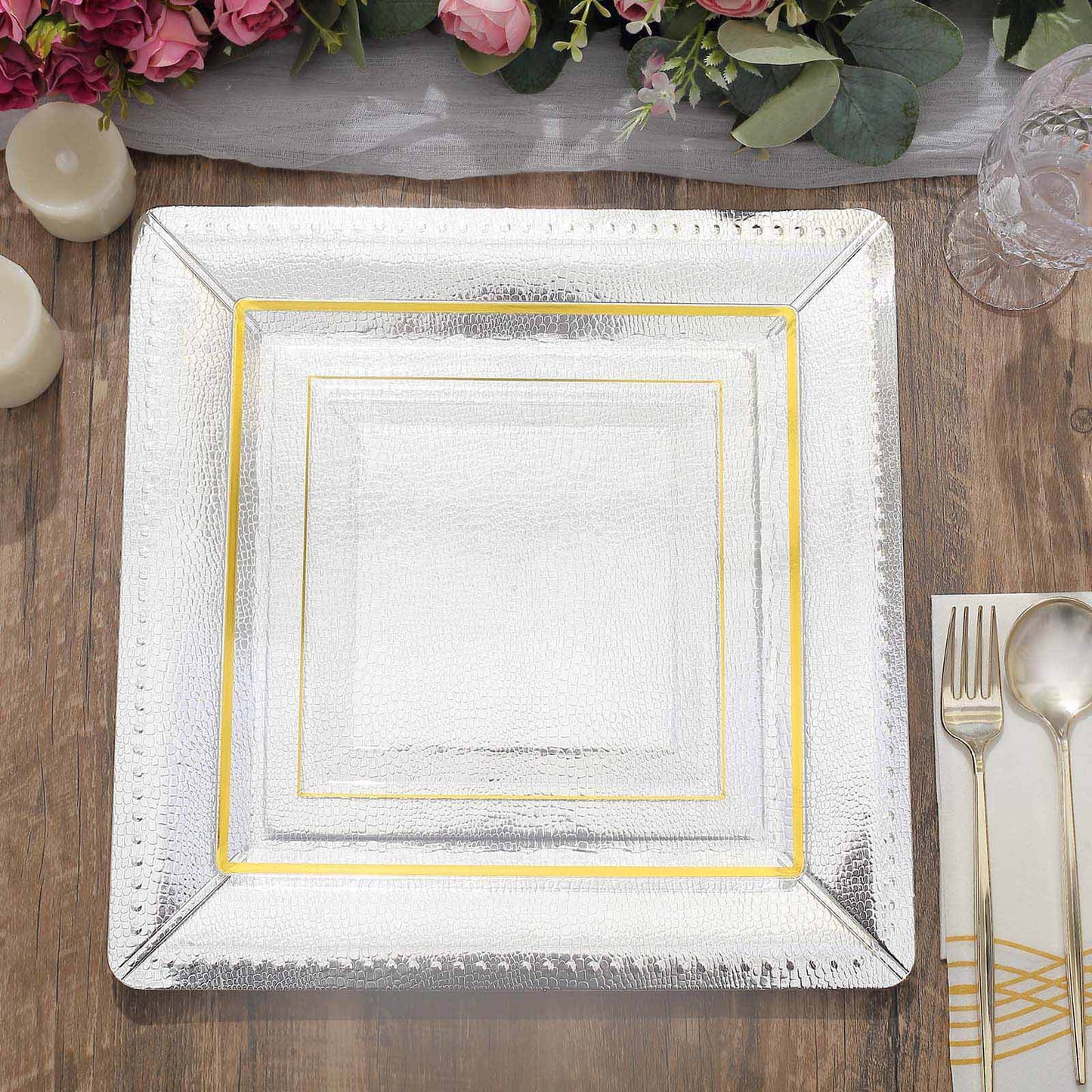 10-Pack Disposable Square Charger Plates in Silver with Leather Like Texture - 1100GSM Durable Paper Chargers 13"