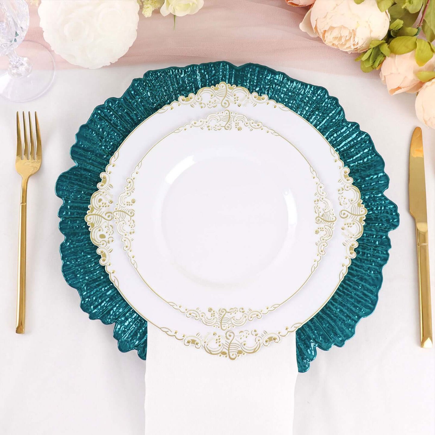 6-Pack Acrylic Plastic Round Charger Plates 13" in Peacock Teal with Reef Design, Dinner Charger Tableware