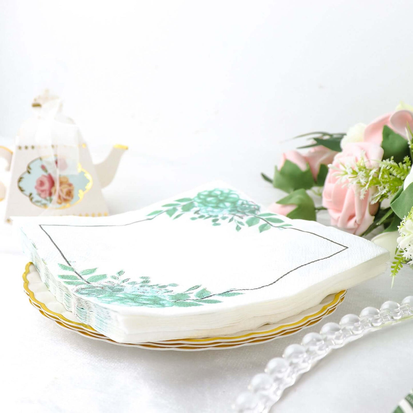 20-Pack Paper Dinner Napkins with Floral Design White/Green - Disposable 2 Ply Beverage Napkins 6.5"x6.5"