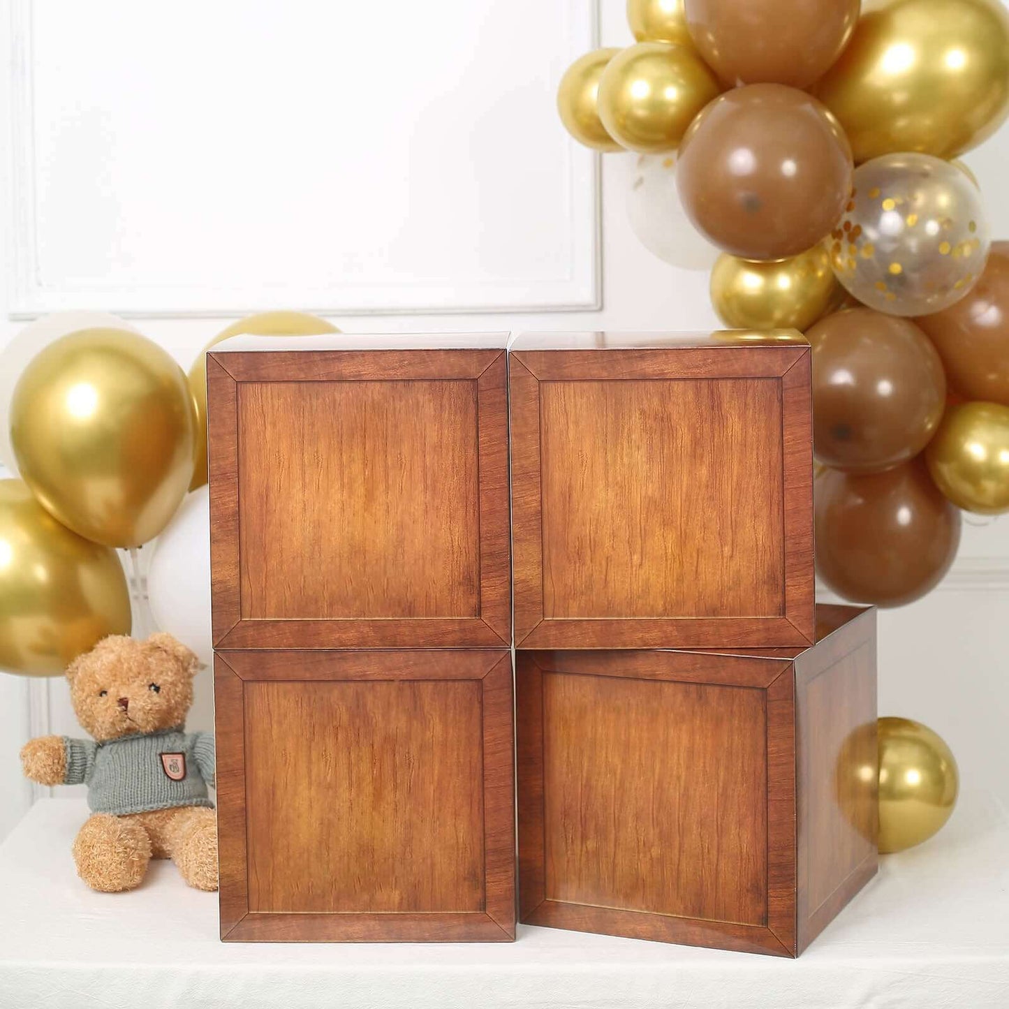 4 Pack Wood Grain Brown Boho Design DIY Prop Balloon Boxes, Gender Neutral Baby Shower Party Decorations