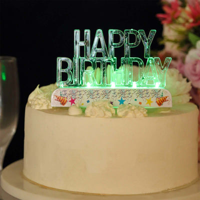LED Cake Topper Multicolor Flashing Clear Acrylic - Perfect Happy Birthday Party Decor 5’’x3’’ - LED