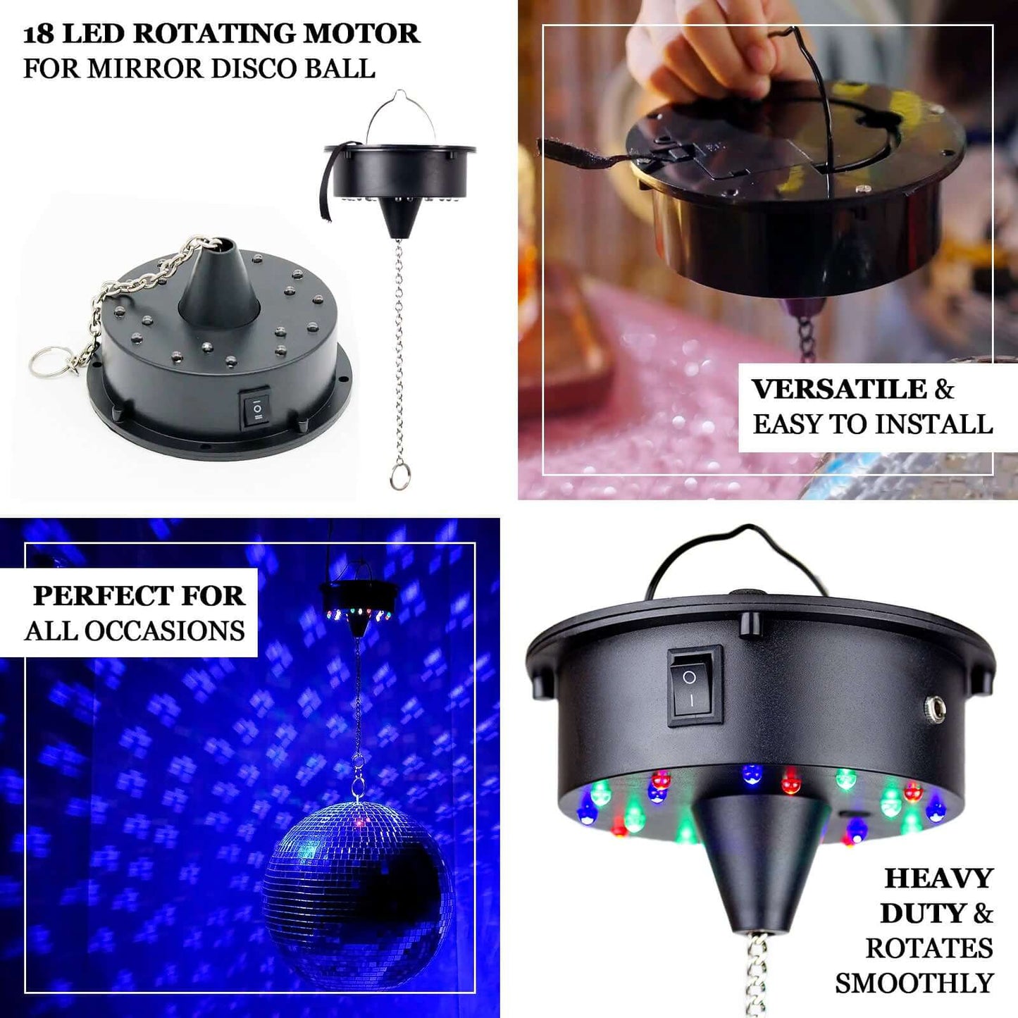18 LED Light Rotating Heavy Duty Motor For Hanging Mirror Disco Ball, 5 RPM Battery Operated Motor With 8" Hanging Chain