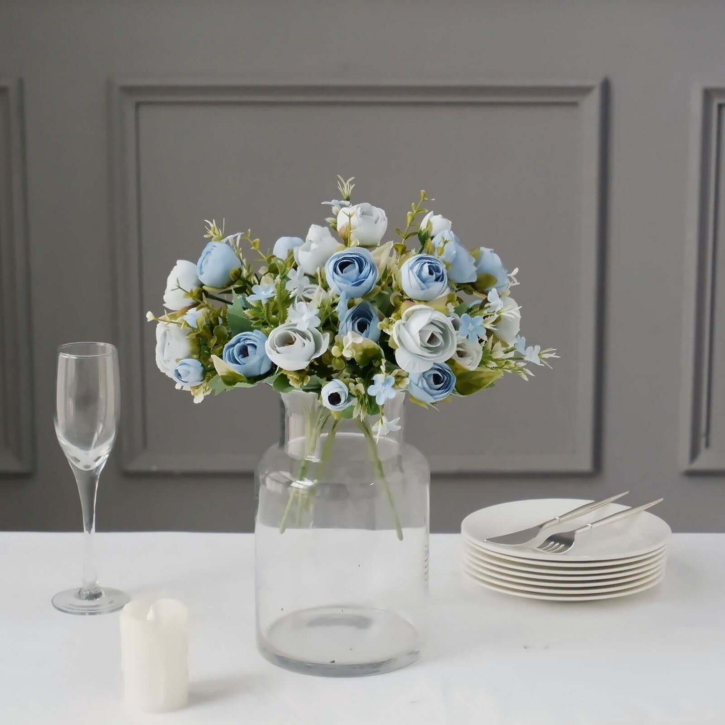 4 Pack 12" Artificial Dusty Blue Ranunculus Silk Flower Bridal Bouquets, Faux Buttercup Floral Arrangement