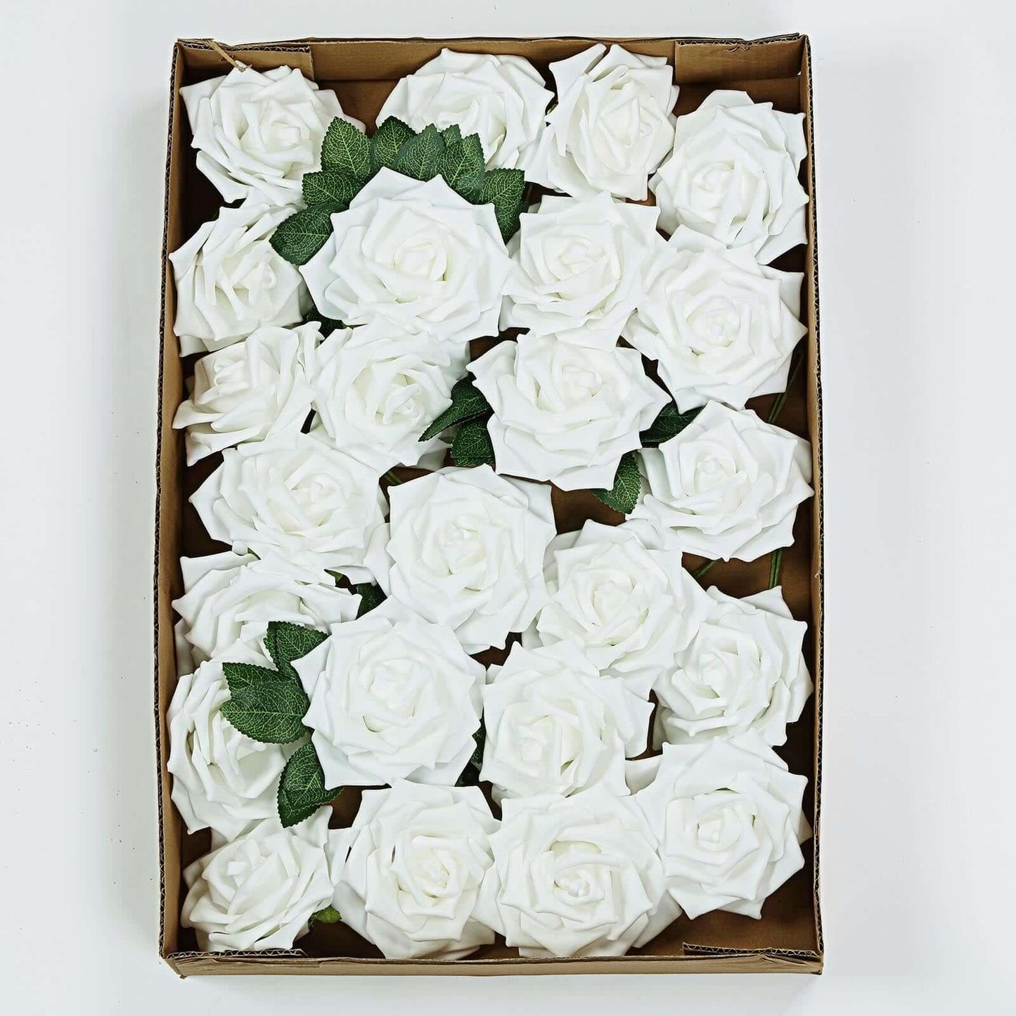 24 Roses 5" White Artificial Foam Flowers With Stem Wire and Leaves