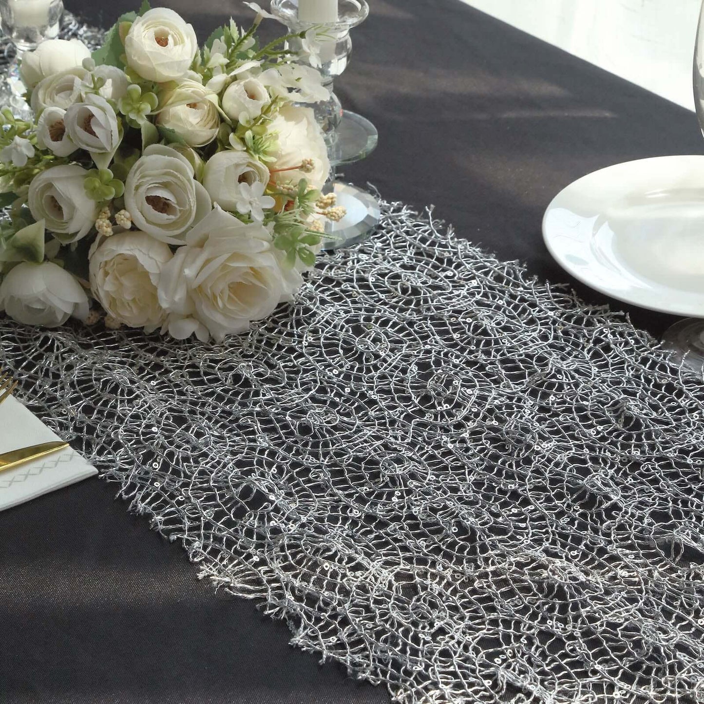 Mesh 12"x108" Table Runner Silver - Sequin Schiffli Lace Design for Stylish Celebrations