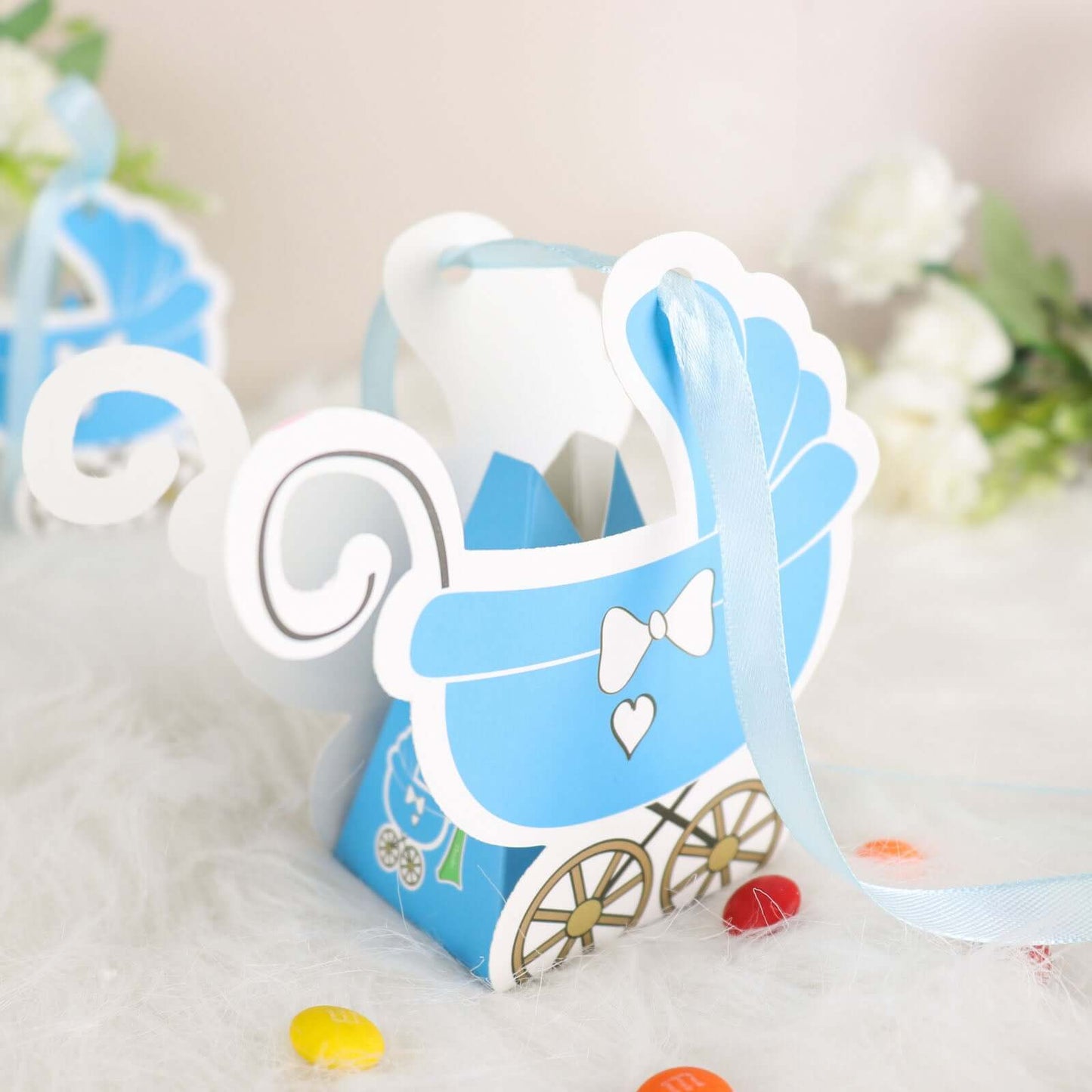 25 Pack Light Blue Baby Paper Stroller Party Favor Gift Boxes, Cardstock Carriage Candy Boxes with Ribbon Ties - 4.5"x2"x4"
