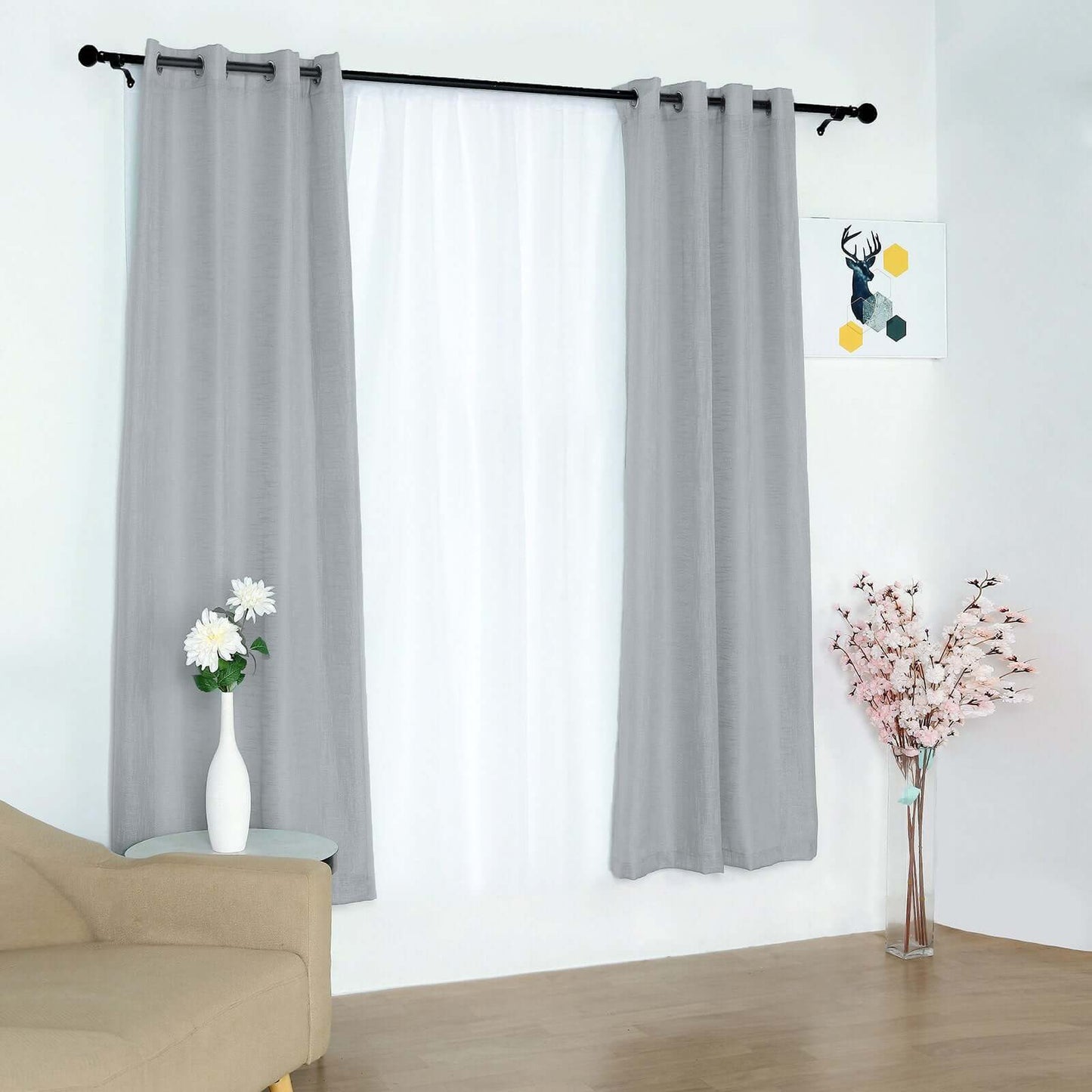 2 Pack Handmade Silver Faux Linen Curtains 52"x84", Curtain Panels With Chrome Grommets