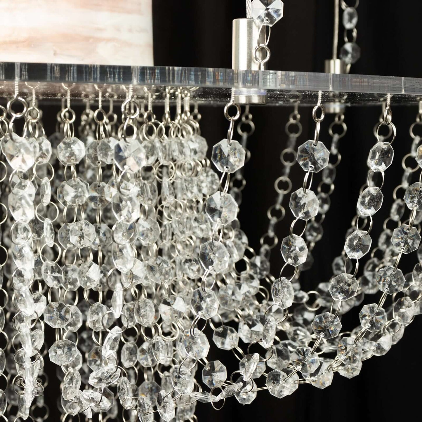Acrylic Hanging Chandelier Cake Stand with Crystal Drapes - Suspended Round Wedding Cake Swing with 5ft Steel Wire Chains 25"
